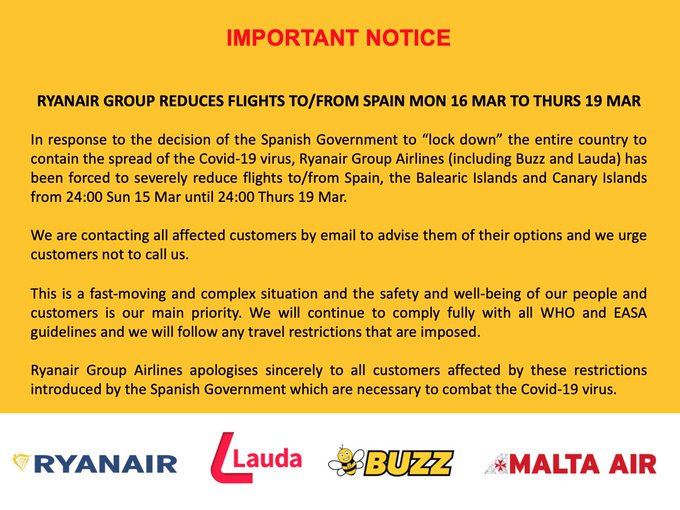 Ryanair cancel flights to/from Spain
