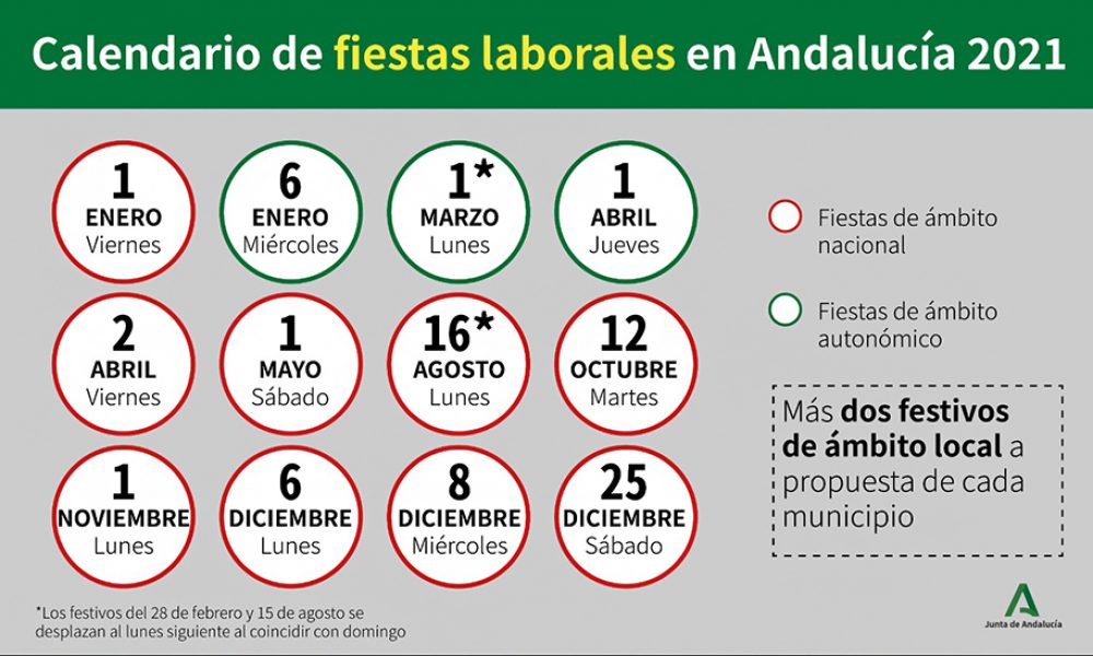 La Junta aprueba el calendario de fiestas laborales en Andalucía para 2021